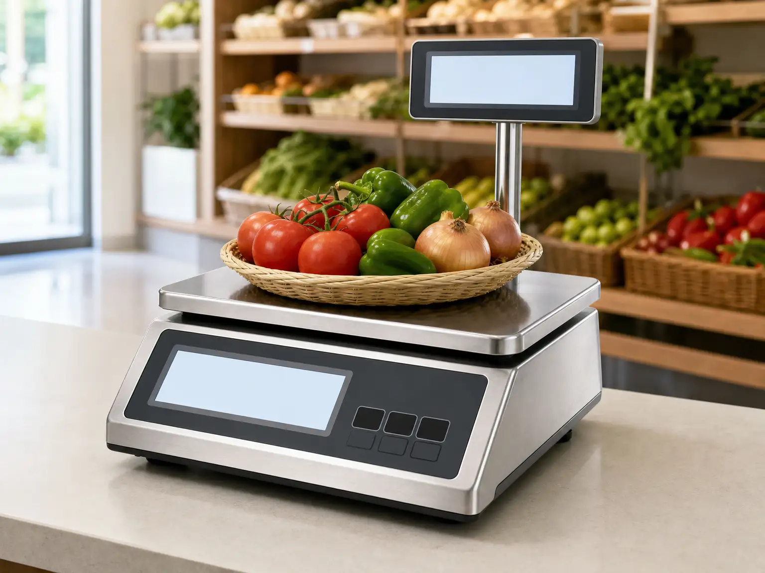 Stainless steel digital bench scale with a basket of vegetables and a customer-facing display
