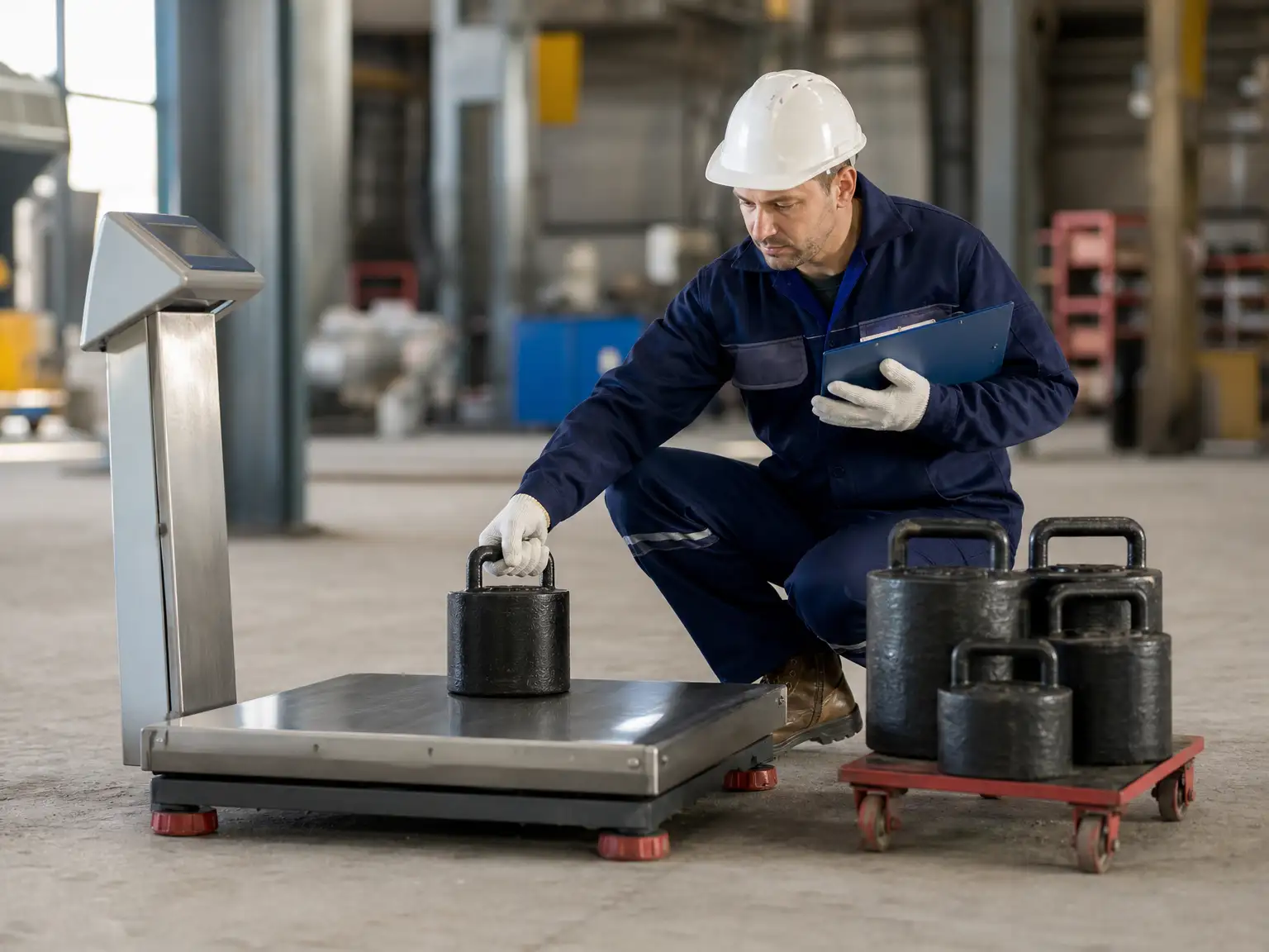 Technician placing a certified cast iron test weight onto an industrial platform scale