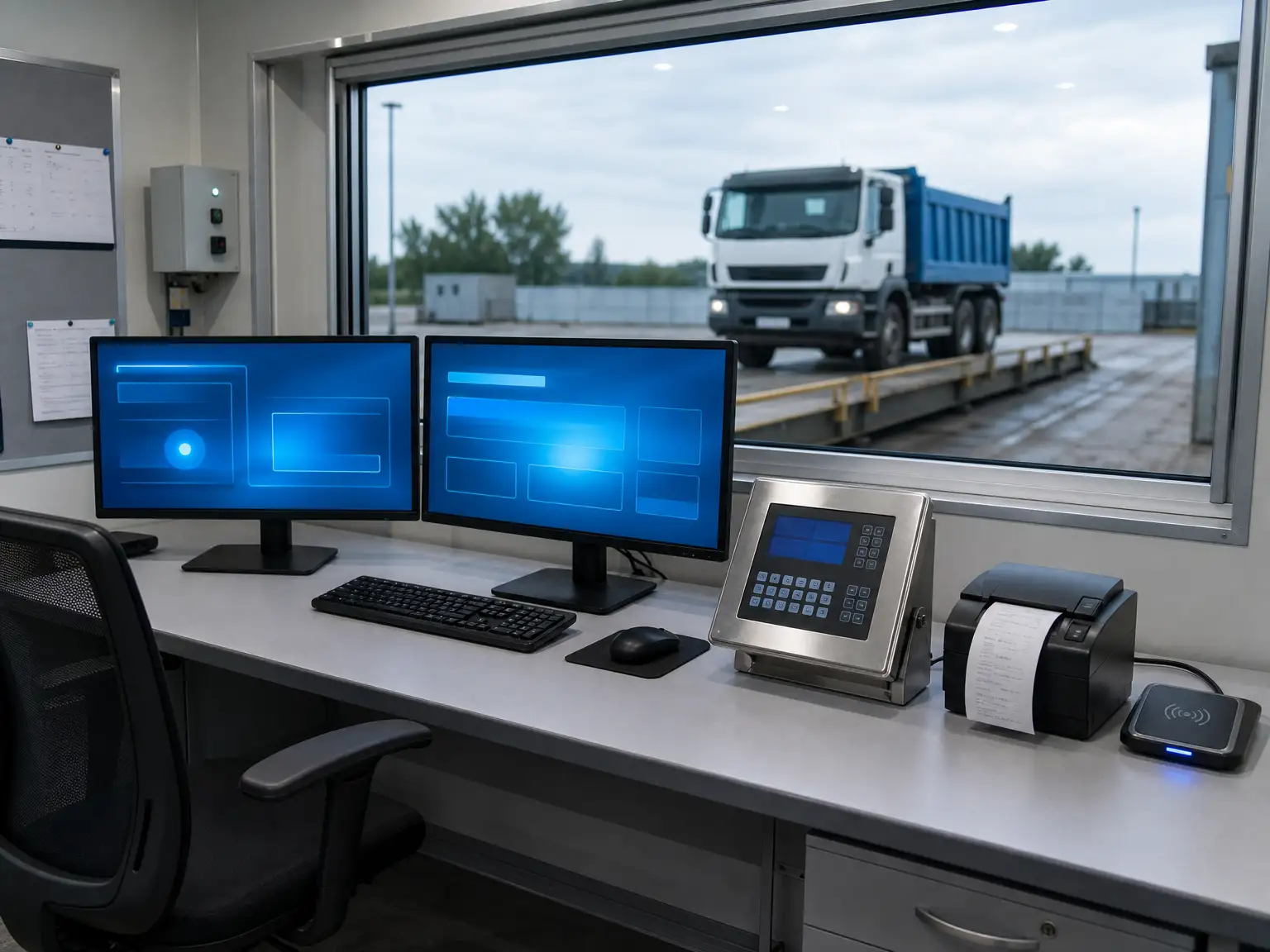 Weighbridge control room with monitors, weight indicator, ticket printer and a truck on the bridge outside