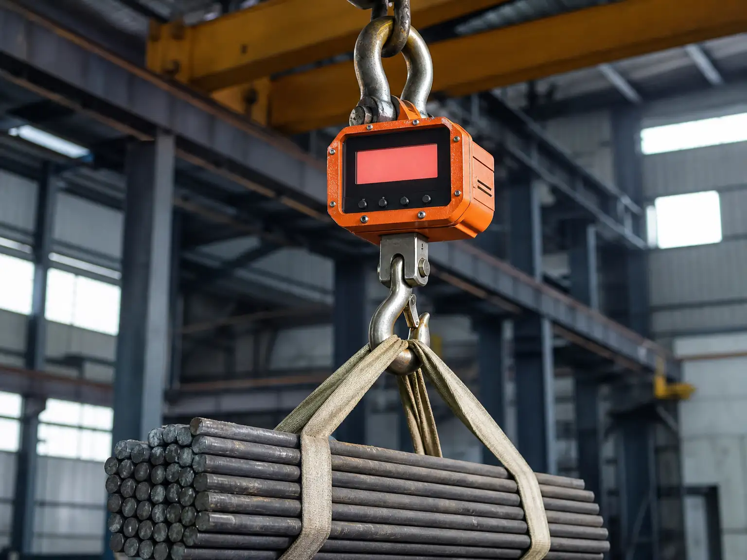 Orange digital crane scale suspended from a gantry hook weighing a bundle of steel bars