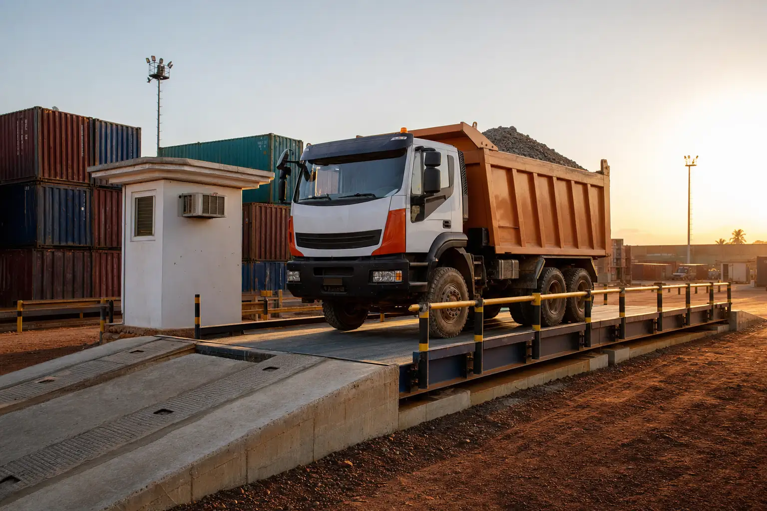 Loaded tipper truck standing on a pitless steel weighbridge in a container yard
