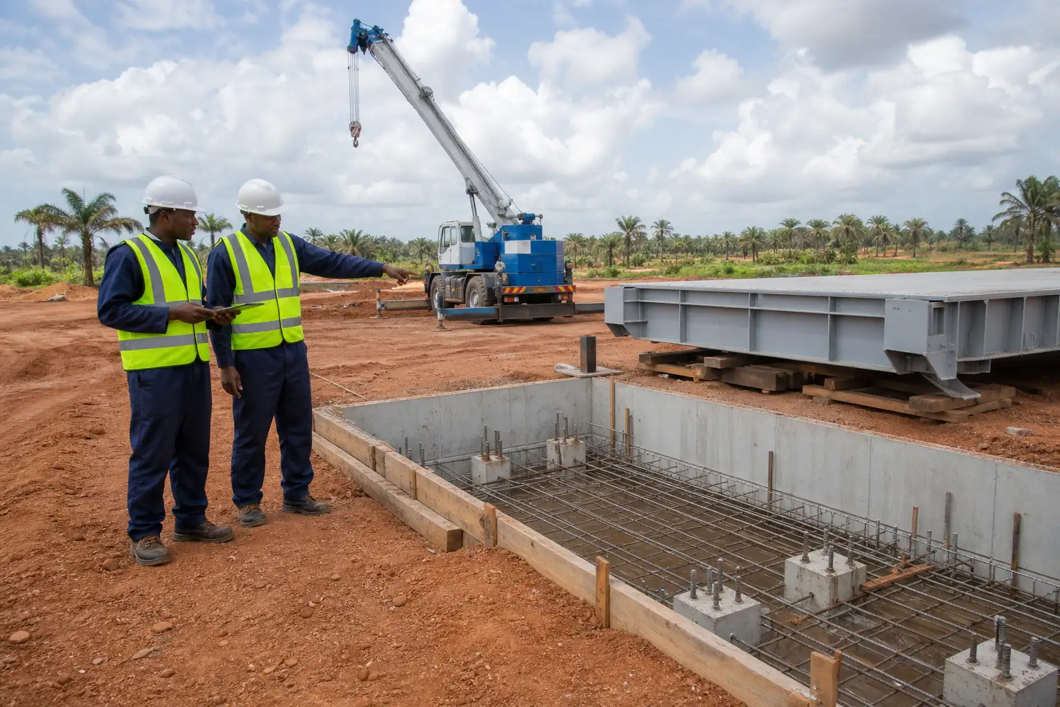 Engineers inspecting a weighbridge foundation with a steel deck module ready for installation