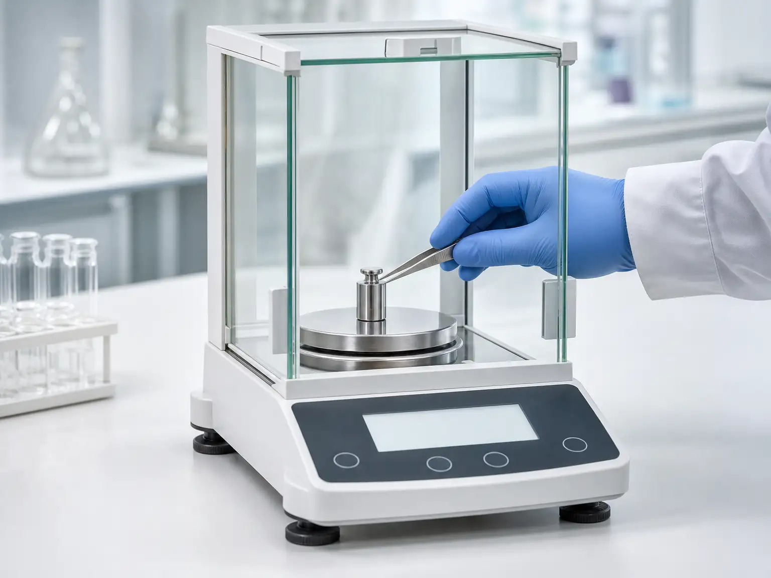 Analytical laboratory balance with a glass draft shield and a gloved hand placing a calibration weight