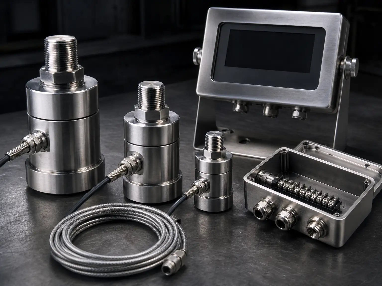 Stainless steel compression load cells, junction box and weight indicator on a workbench