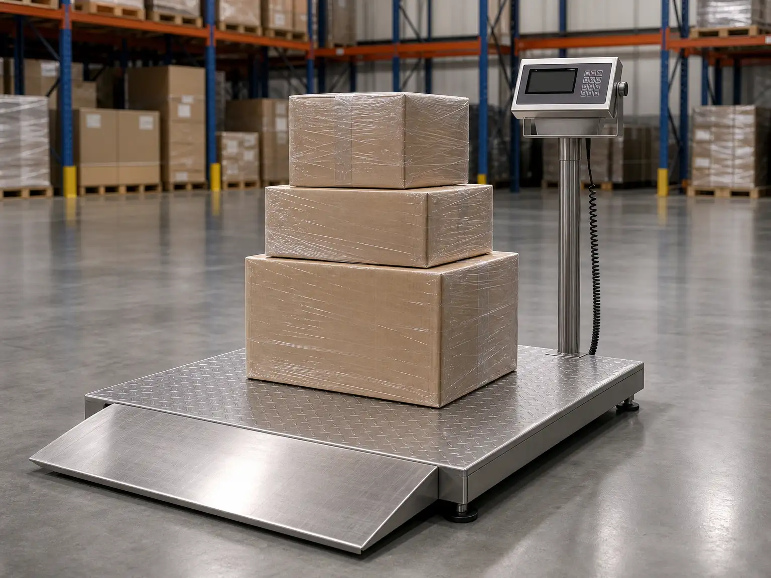 Stainless steel floor platform scale with boxes and a column-mounted digital indicator in a warehouse
